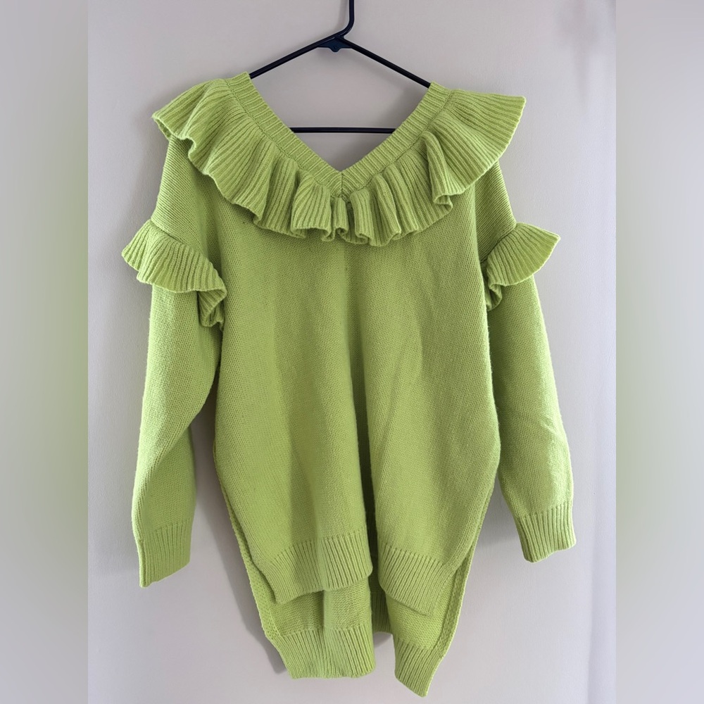 Zara Lime V-Neck Sweater with Ruffles